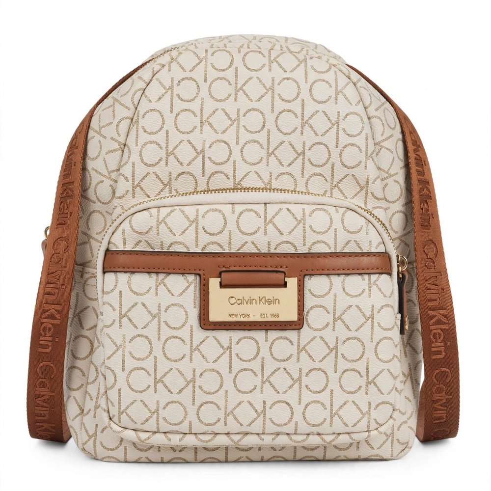 Calvin Klein Cream Logo Mini Backpack with Tan Trim